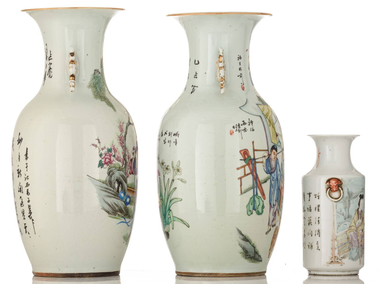 Two Chinese famille rose vases, decorated with figures, flowers and playing children, one vase doubl - Image 4 of 6