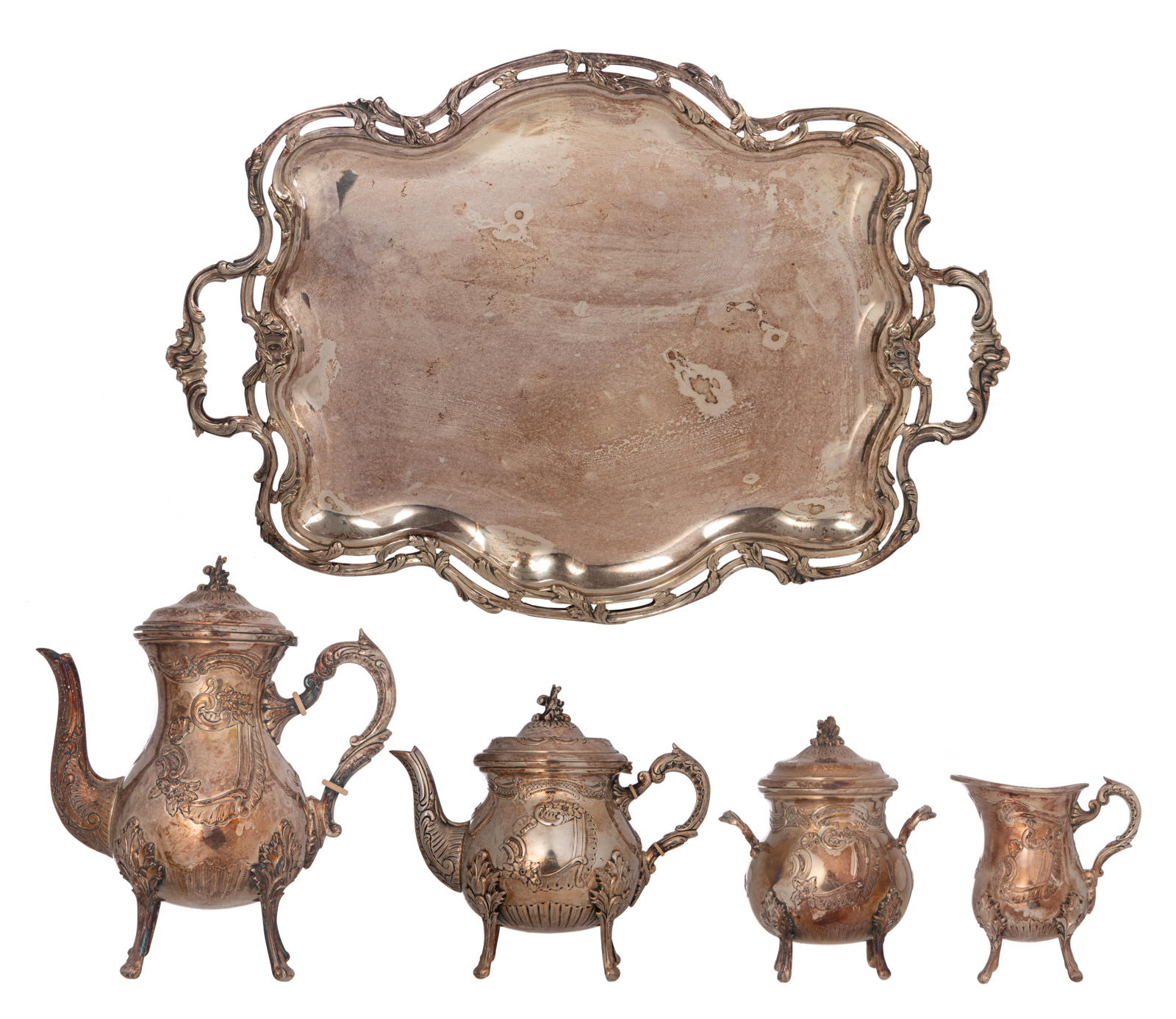 A Wiskemann marked Rococo style four-piece silver plated coffee and tea set, decorated with flower-s