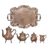 A Wiskemann marked Rococo style four-piece silver plated coffee and tea set, decorated with flower-s