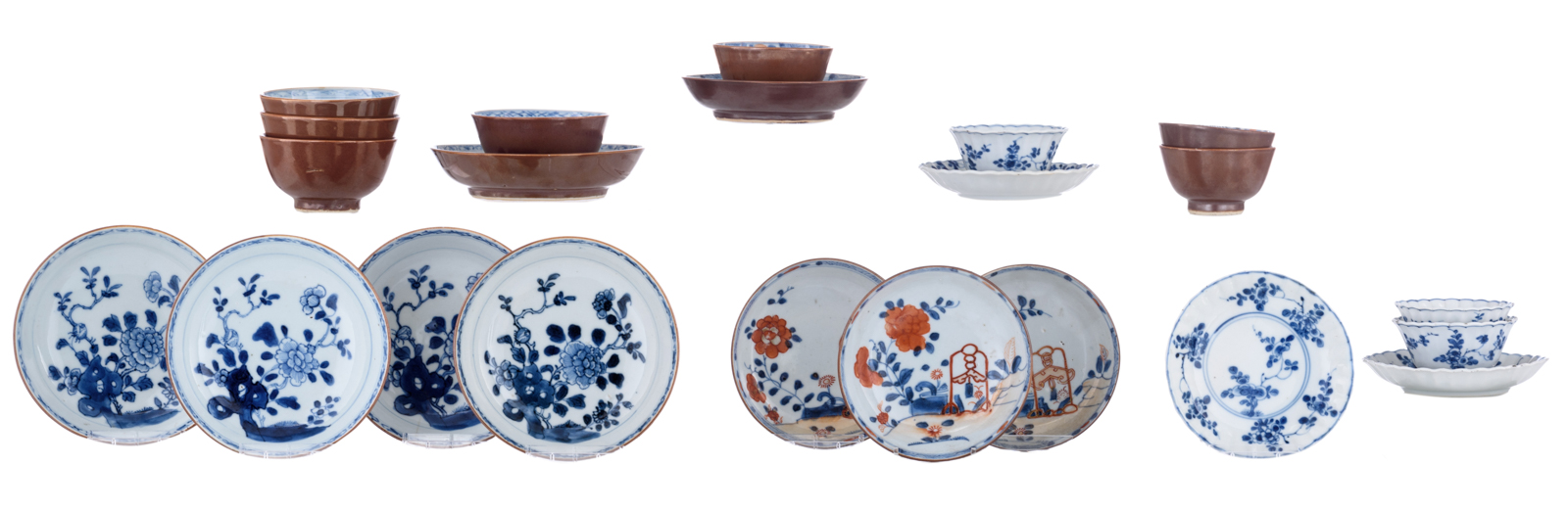 Various Chinese blue and white and café au lait polychrome floral decorated cups and saucers, (cups)