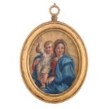 An oval-shaped devotional miniature medallion, portraying the Holy Mother and Child, 18thC, oil on c