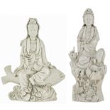 Two Chinese blanc de chine Guanyin figures, marked, H 29,5 - 36 - W 23 - D 12 cm