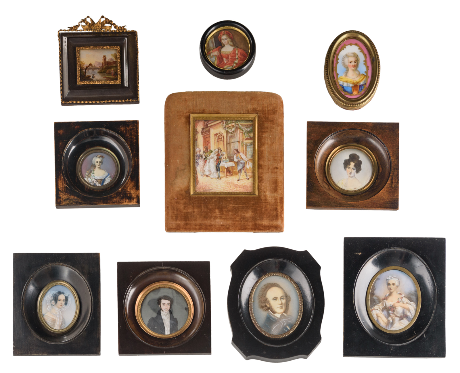 A collection of eight various portrait miniatures, watercolour on various materials; one man's portr