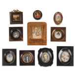 A collection of eight various portrait miniatures, watercolour on various materials; one man's portr