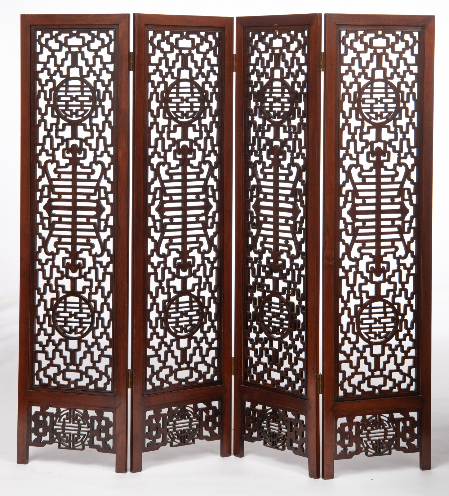 A Chinese rosewood four-panel screen, decorated with richly sculpted openwork ornaments, H 183 - W 4 - Image 2 of 2