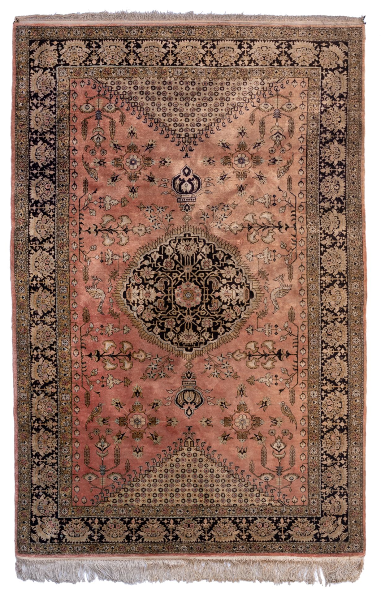 An Oriental silk and woollen rug, decorated with birds and floral motifs, 219 x 140 cm