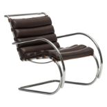 A brown leather upholstered 'MR' lounge chair, by Ludwig Mies Van der Rohe for Knoll International,