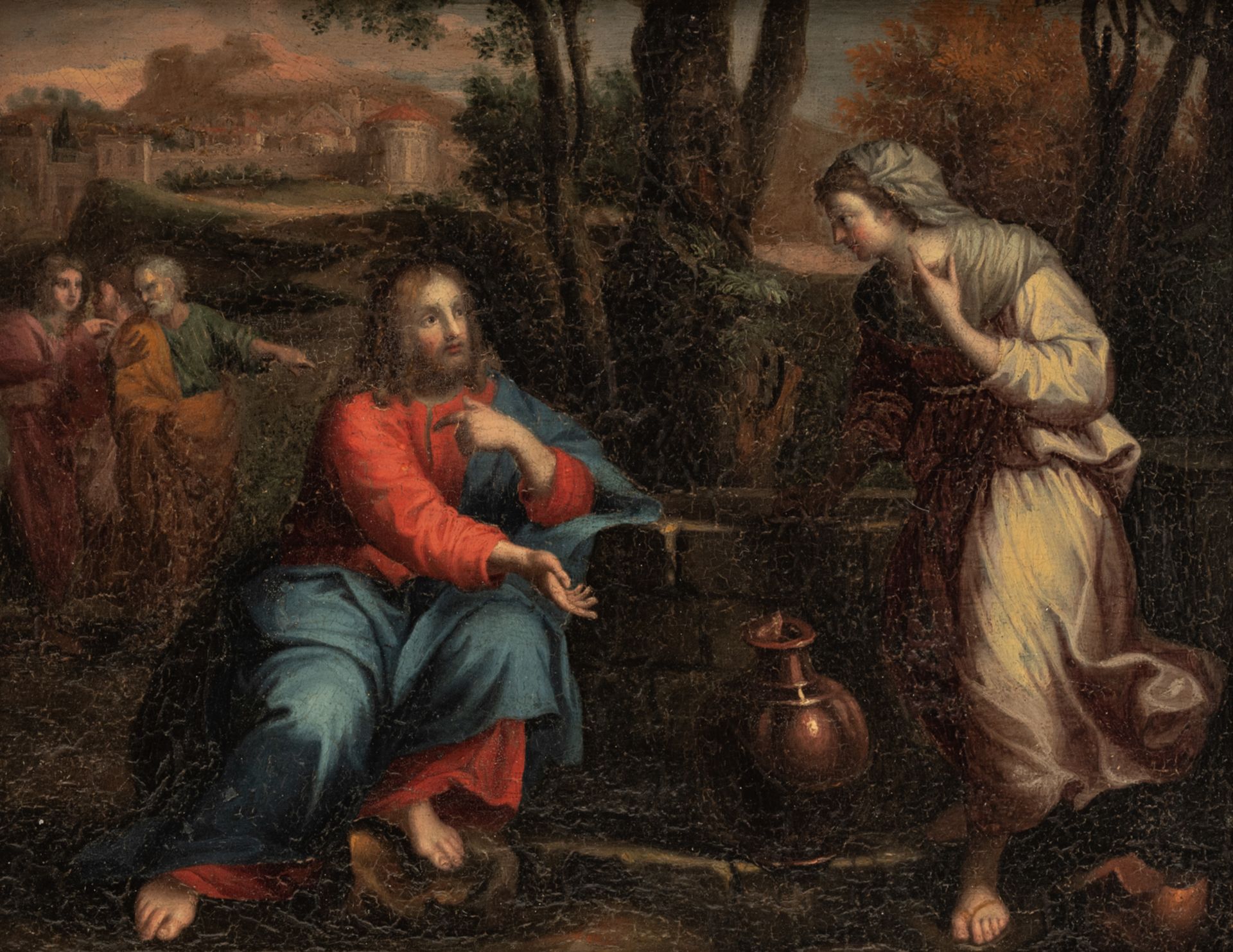 No visible signature, Christ and the Samaritan woman, Antwerp School, 17thC, oil on panel, 24 x 31 c
