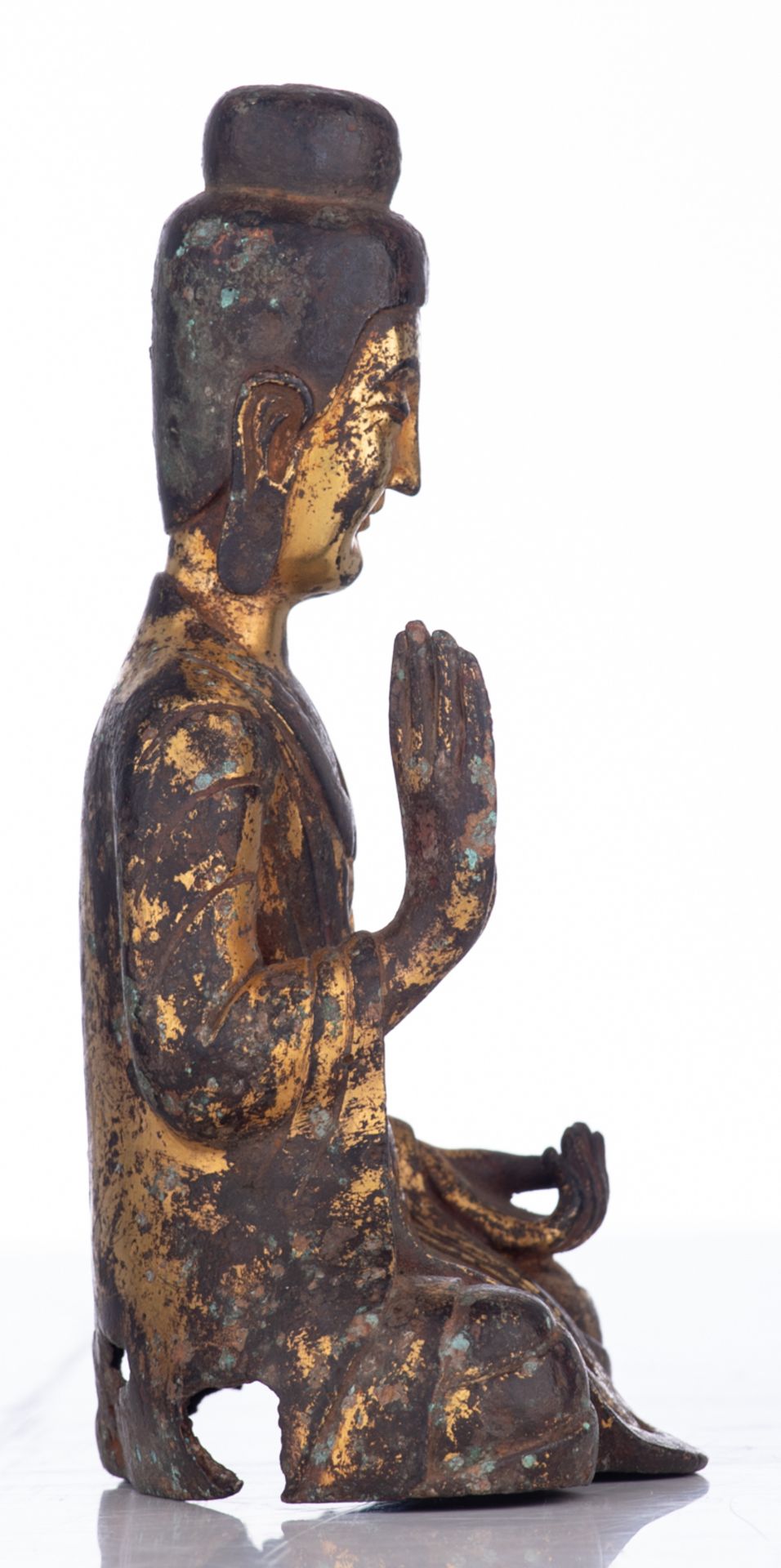 An finely cast Oriental gilt bronze figure, depicting a Buddha, seated in dhayanasana, with the righ - Image 4 of 6