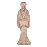 A rare large cold painted grey pottery female figure, Han dynasty; added a certificate 'Archeolabs T