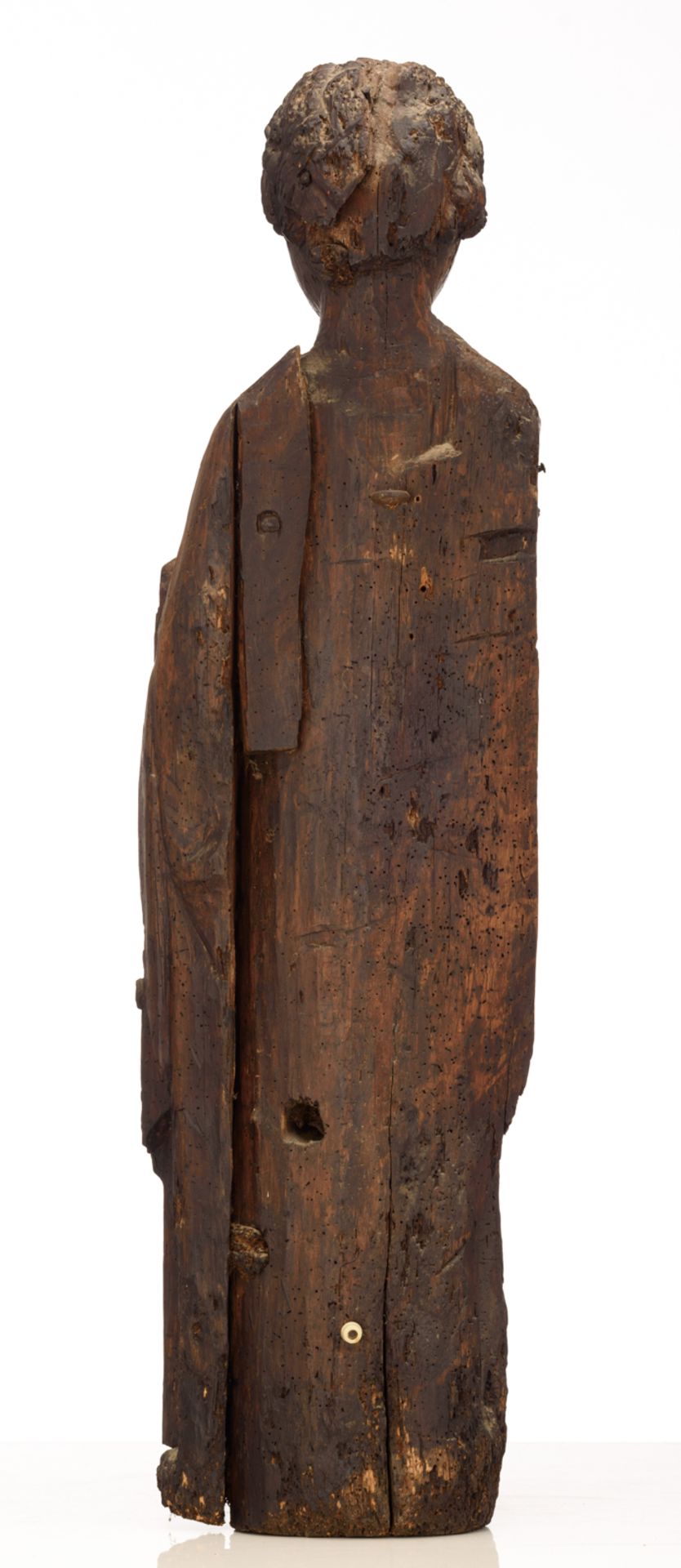 An oak sculpture of a Saint, 15thC, the the Low Countries, H 95,5 cm - Image 3 of 7