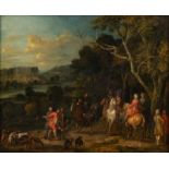 No visible signature, a group of noblemen hunting in a forest, 18thC, oil on canvas, 48 x 60 cm