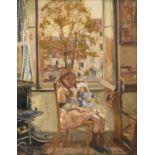 De Greef A., 'Devant la fenêtre' (girl with a doll sitting in front of an open window), oil on canva