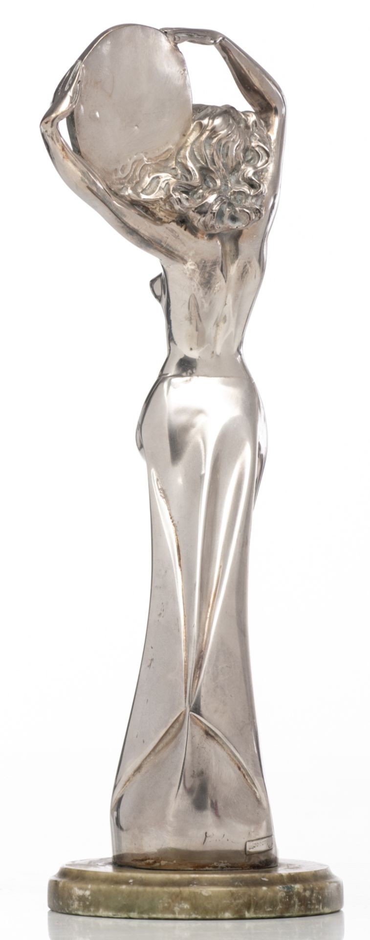 A probably Italian silver-plated Art Deco sculpture of a nude beauty holding a shield, indistinctly - Bild 3 aus 6