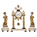 A  French Neoclassical Carrara and noir Belge marble column mantle clock, with gilt bronze mounts of
