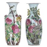 Two Chinese famille rose vases, decorated with birds and flowers, the back with calligraphic texts,