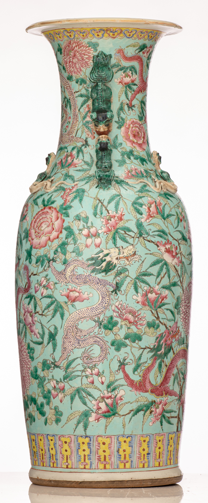 A  large Chinese turquoise ground and polychrome vase, decorated with dragons and flowers, 19thC, H - Image 4 of 6