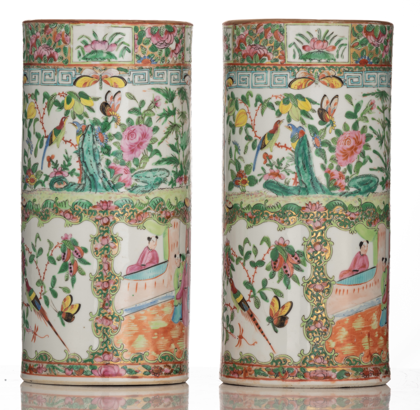 Two Chinese Canton cylindrical vases, decorated with birds and animated scenes, H 31 cm - Image 3 of 6