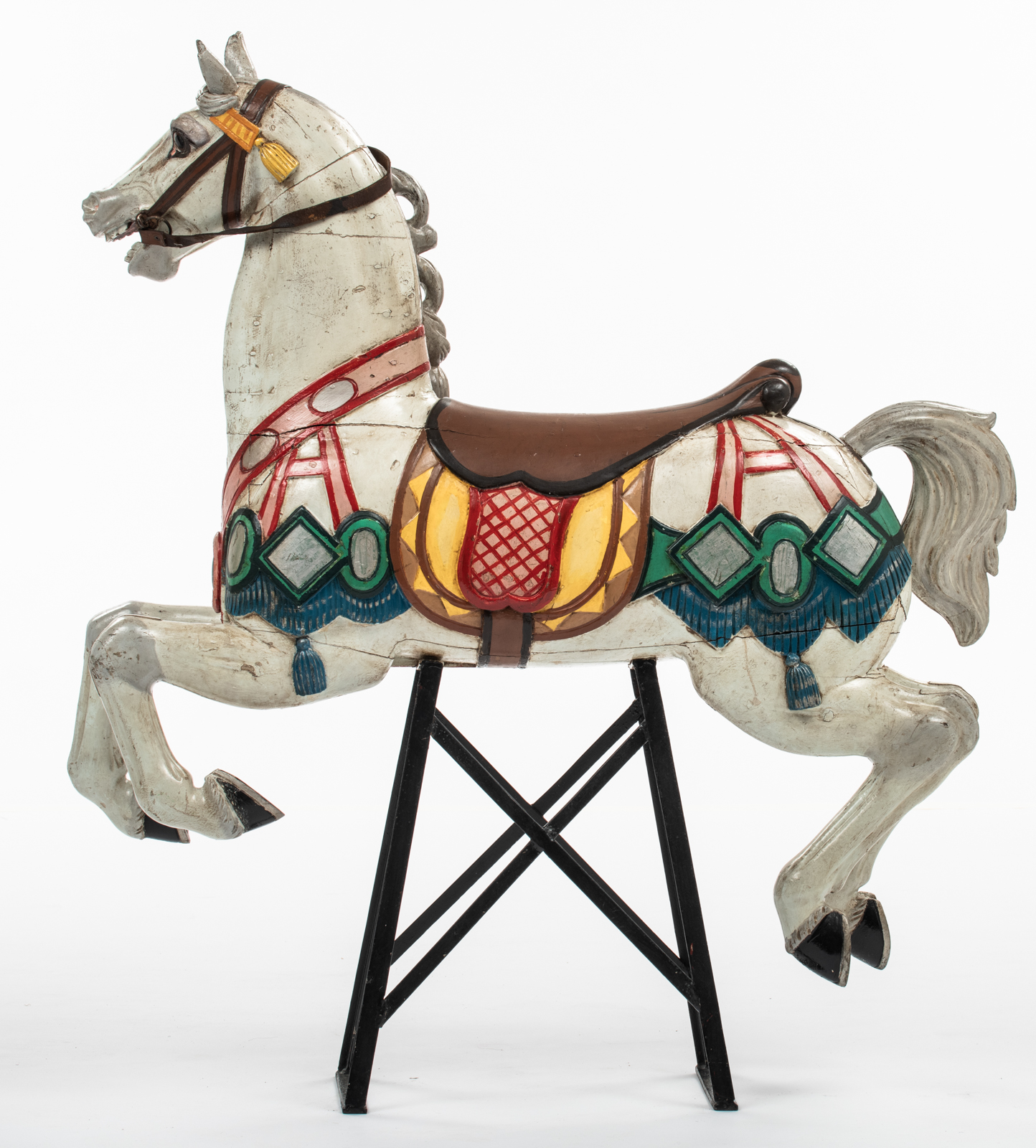 A polychrome painted carousel horse, with glass and silver foil inlay, mounted on a later period wro - Bild 4 aus 5