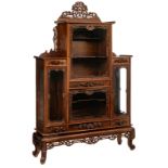 A fine and imposing Chinese mahogany display cabinet, richly decorated with sculpted bats, H 238 - W