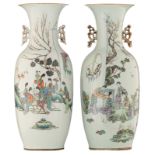 Two Chinese polychrome vases, both vases decorated with animated scenes, H 59 - 59,5 cm