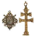 Two 17thC devotional pendants, one with a hand-coloured engraving of a Saint, gilt silver mount set