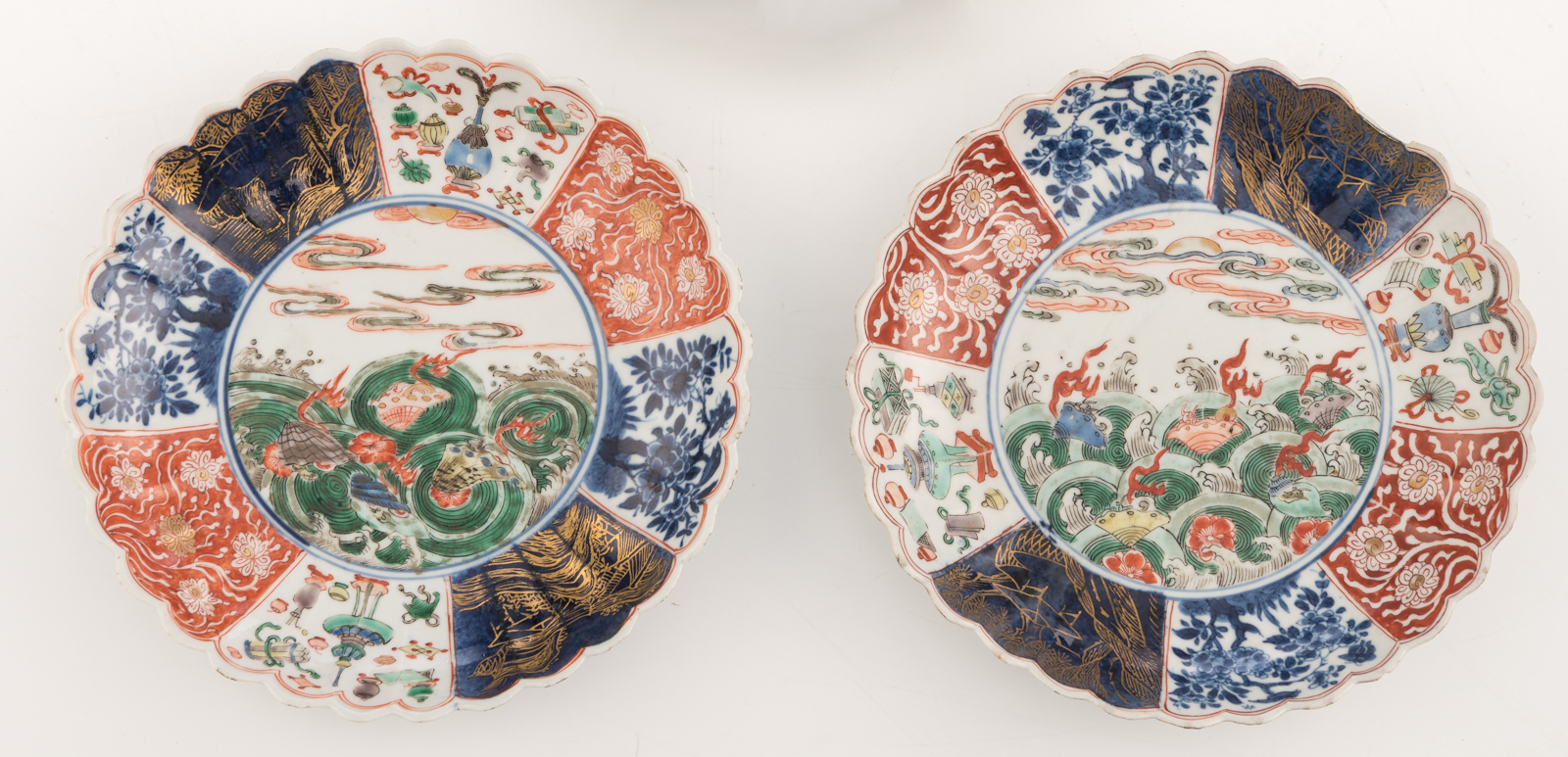 Five Chinese polychrome dishes; added three ditto pots and covers, 18th/19thC, H 10 - 13 - ø 21,5 - - Image 8 of 12