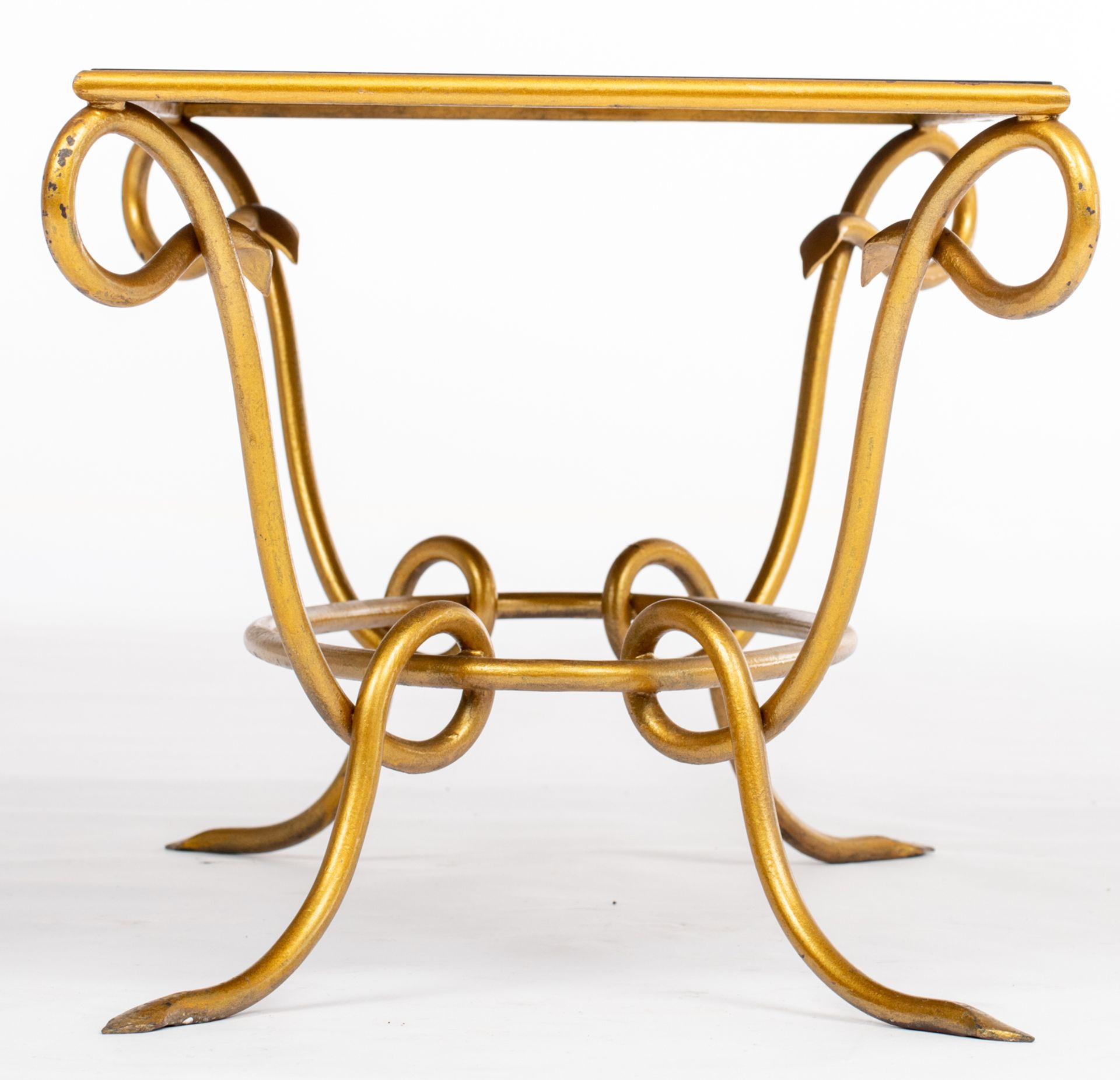 A gilt wrought iron coffee table with a mirrored top, in the manner of René Drouet, the underside of - Image 3 of 8