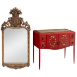 A French Art Deco red-painted commode with gilt sculpted laurel wreaths, bronze hangers and a glass