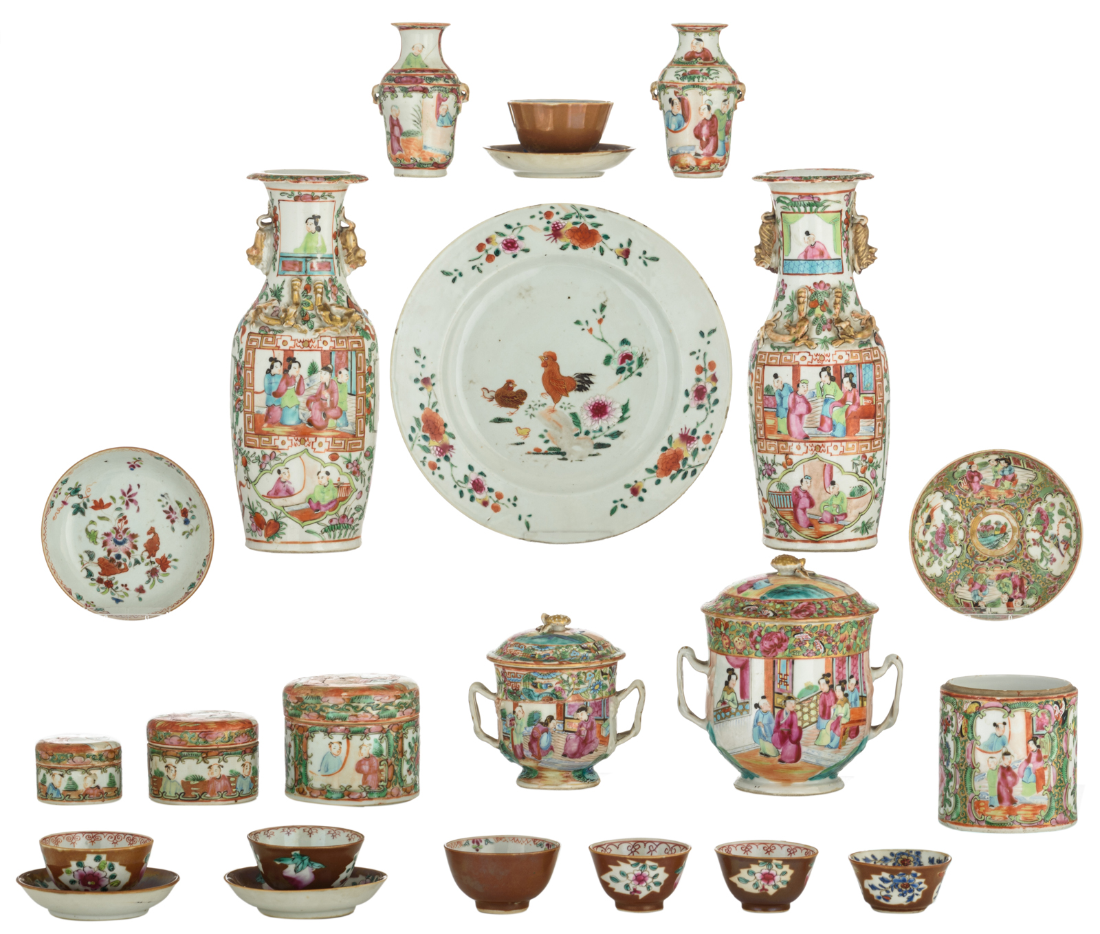 Various Chinese Canton, polychrome and café au lait cups and saucers, vases, miniature vases, pots a