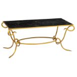A gilt wrought iron coffee table with a mirrored top, in the manner of René Drouet, the underside of