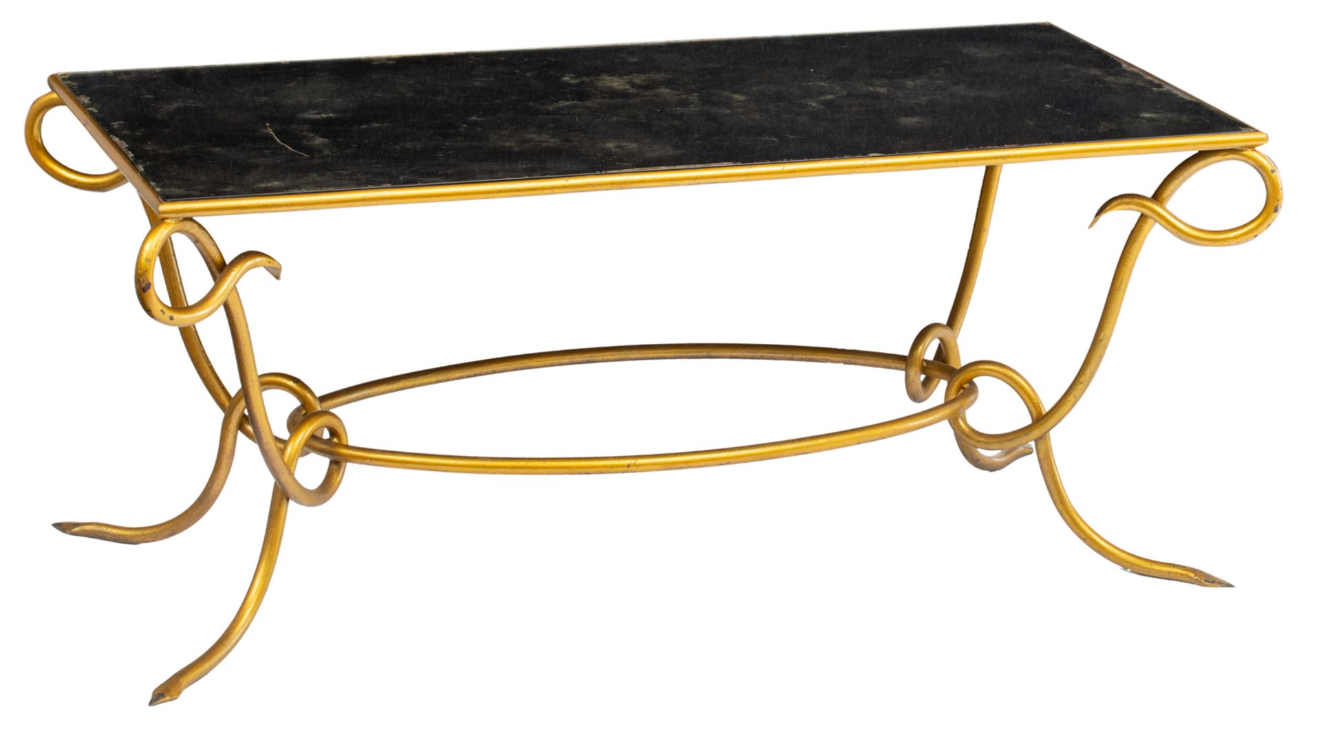 A gilt wrought iron coffee table with a mirrored top, in the manner of René Drouet, the underside of