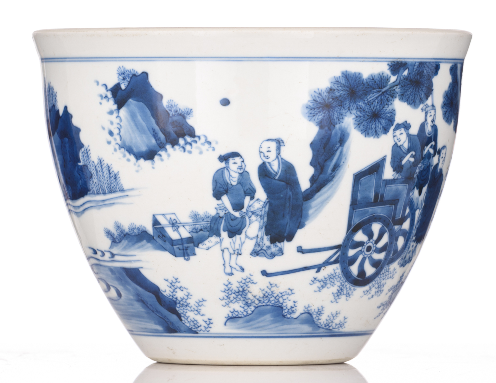 A Chinese transitional type blue and white jardiniere, decorated with figures, on a matching hardwoo - Image 6 of 9