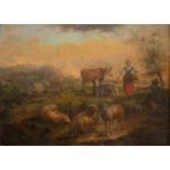 No visible signature, in the manner of Nicolaes Berchem, a peasant girl watching over the cattle, 17