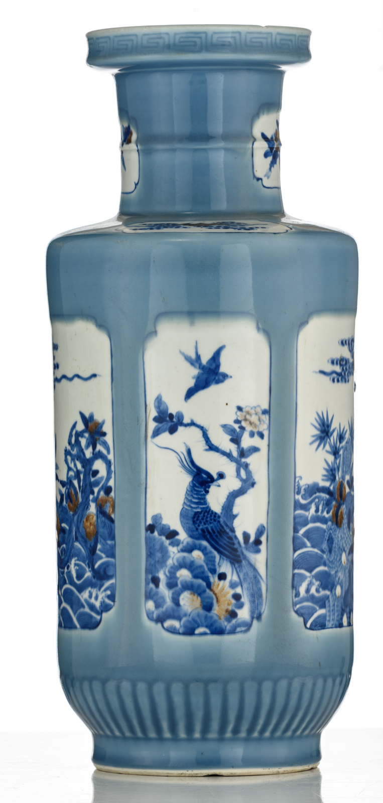 A Chinese claire-de-lune glazed rouleau vase, the panels decorated with bats, birds and flower branc - Image 4 of 6