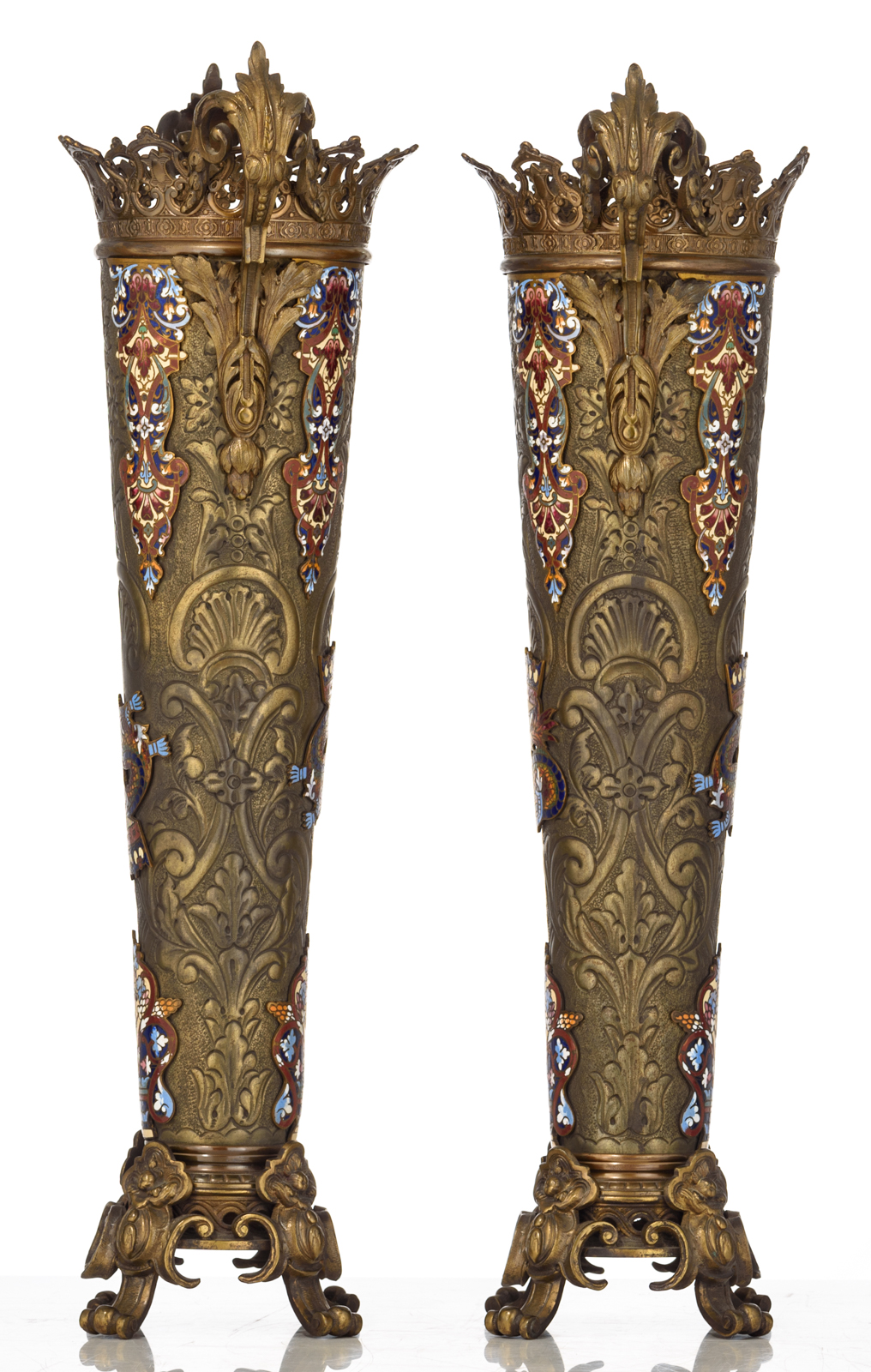 A pair of bronze Oriental-inspired champlevé vases, 19thC, H 56,5 cm - Image 2 of 5