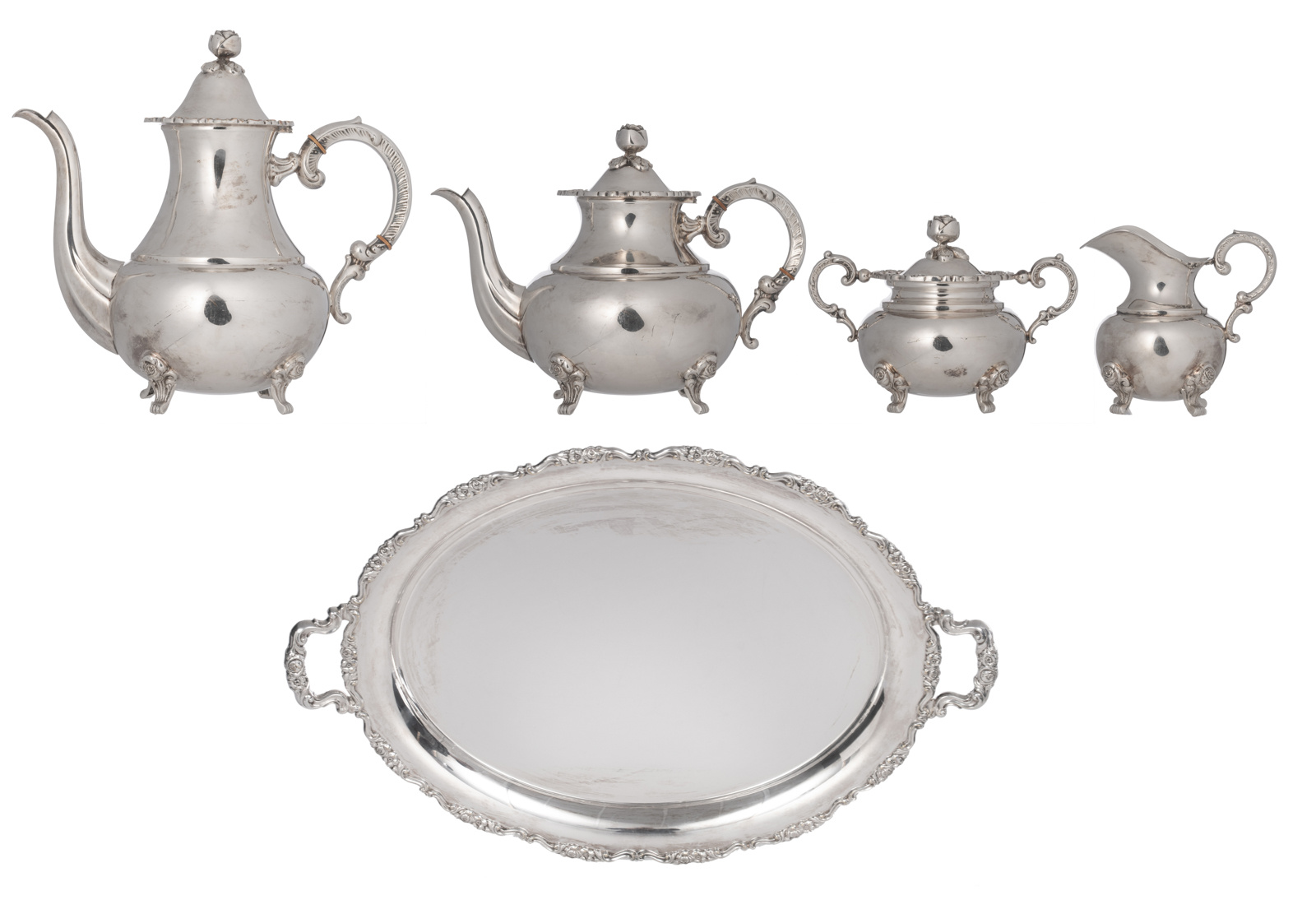 A silver plated five-piece coffee and tea set, decorated with flower-shaped knobs', probably German,