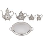 A silver plated five-piece coffee and tea set, decorated with flower-shaped knobs', probably German,