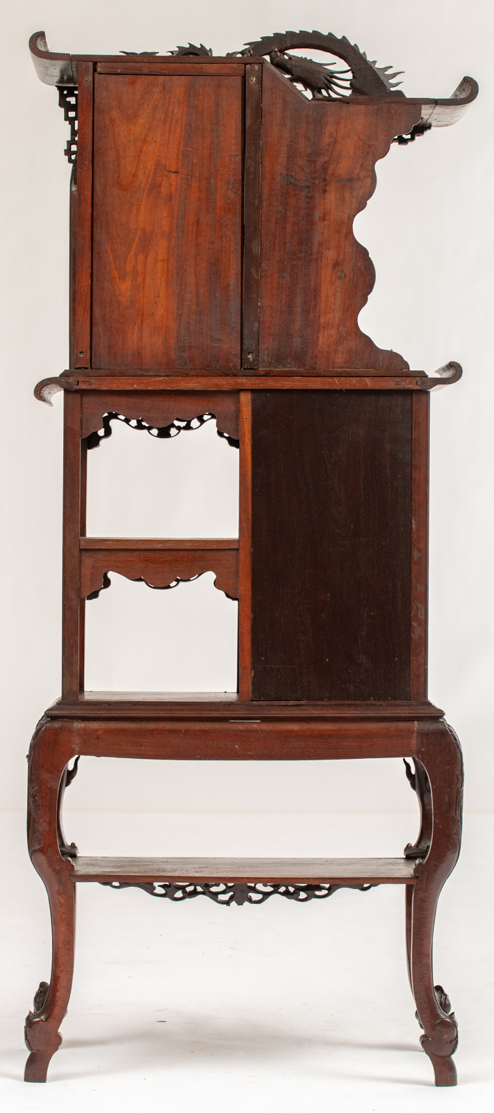 A Chinese exotic hardwood display cabinet, finely sculpted with floral decoration and dragons, H 173 - Image 4 of 6