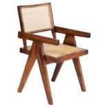 A fine teak Jeanneret office chair with a caned seating and back, design by Pierre Jeanneret for Cha