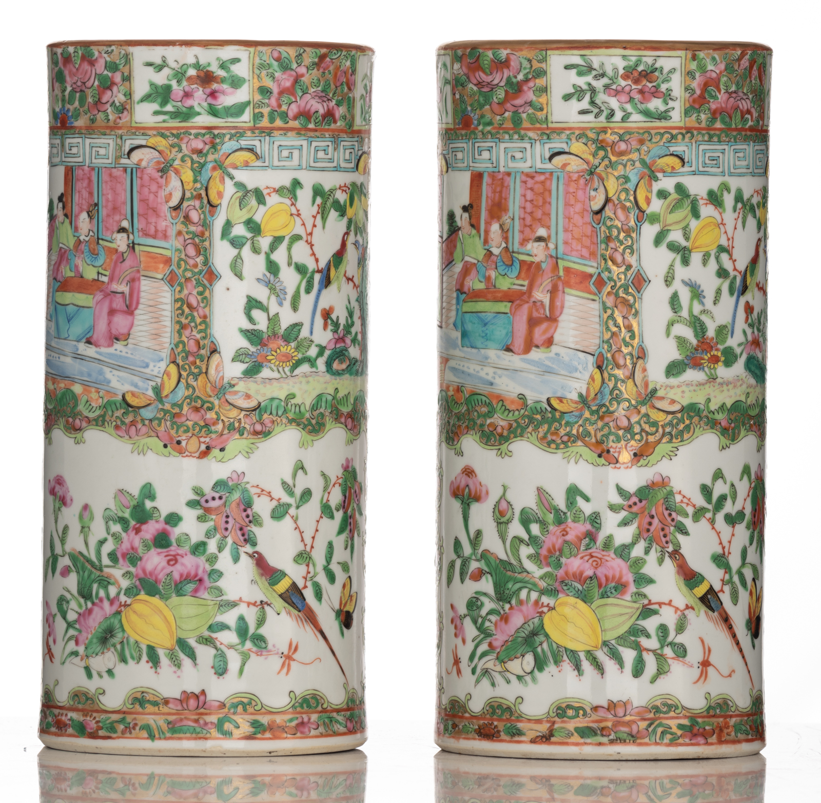 Two Chinese Canton cylindrical vases, decorated with birds and animated scenes, H 31 cm - Image 2 of 6