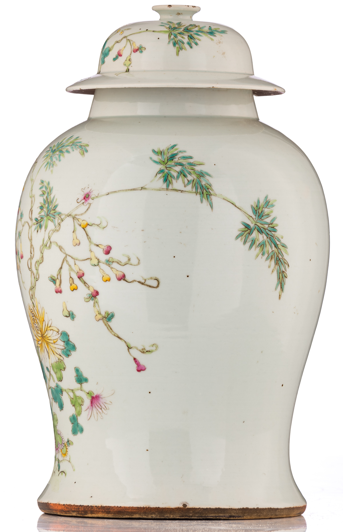 A Chinese famille rose vase and cover, decorated with flowers, flower branches and bats, with a four - Image 2 of 9