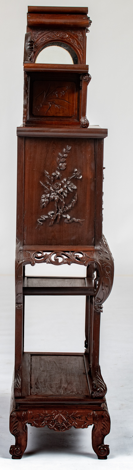 A Chinese inspired exotic hardwood display cabinet, richly sculpted with flowers, bats and dragons, - Image 5 of 5