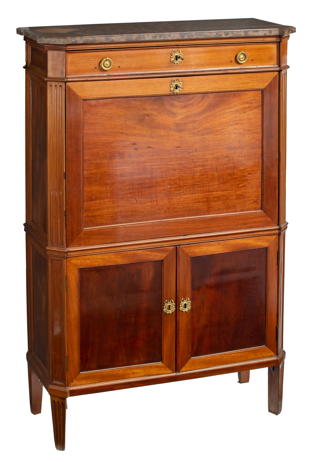 A Louis XVI walnut fall front desk, with gilt bronze mounts and a marble top, the inside with four e