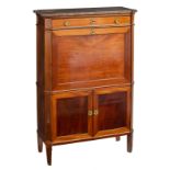 A Louis XVI walnut fall front desk, with gilt bronze mounts and a marble top, the inside with four e