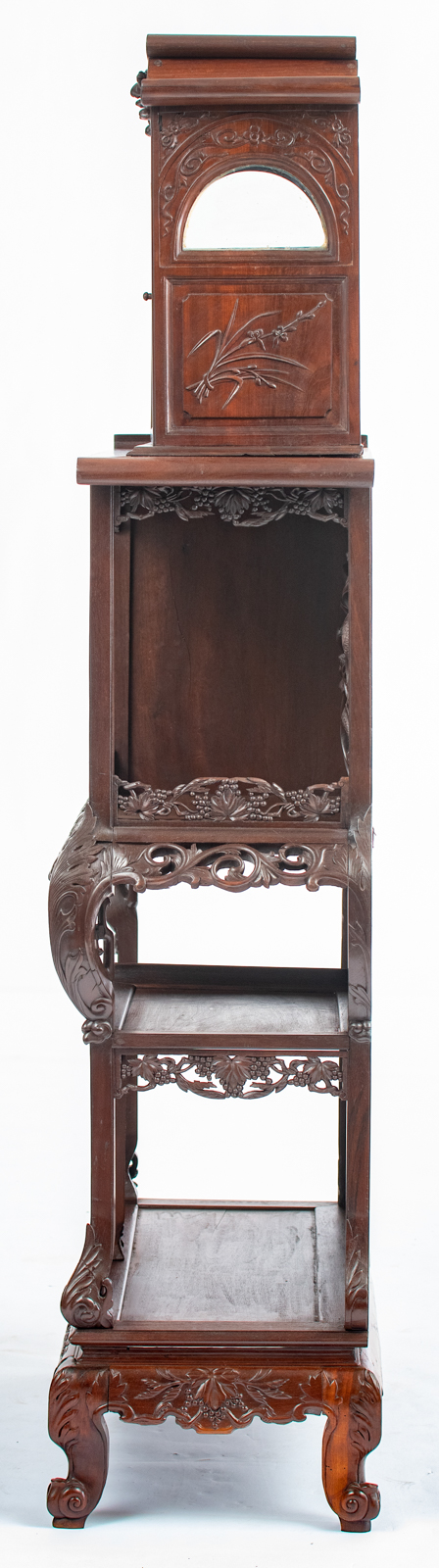 A Chinese inspired exotic hardwood display cabinet, richly sculpted with flowers, bats and dragons, - Image 3 of 5