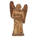 A limewood sculpture of a kneeling angel, with traces of polychrome paint, 18thC, H 68 cm