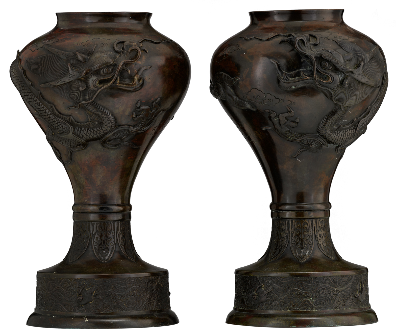 Two pairs of Oriental bronze vases, relief decorated with dragons and phoenix, H 49,5 - 56 cm - Image 2 of 13