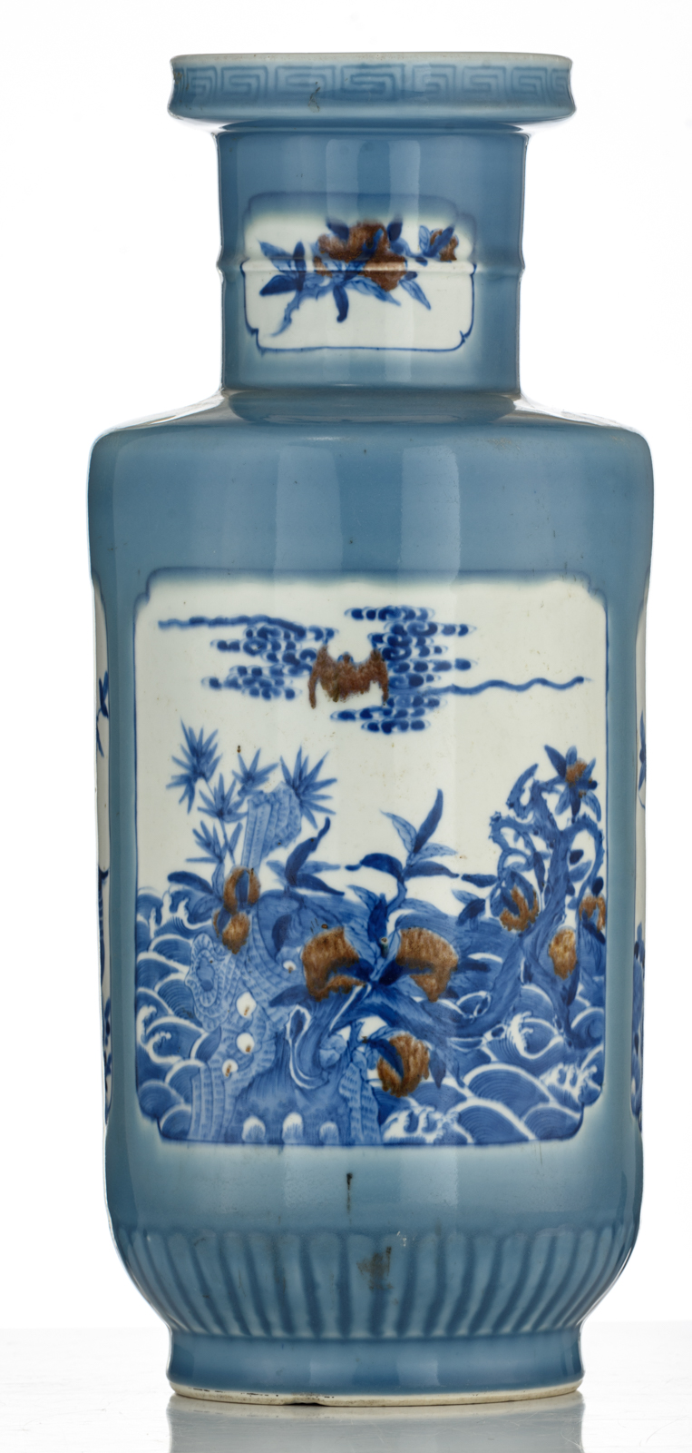 A Chinese claire-de-lune glazed rouleau vase, the panels decorated with bats, birds and flower branc - Image 3 of 6