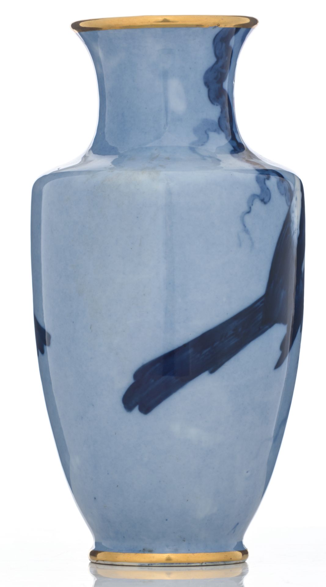 A hand painted Japonism soft-porcelain vase, blue and white decorated with magpies on a branch, sign - Image 4 of 8